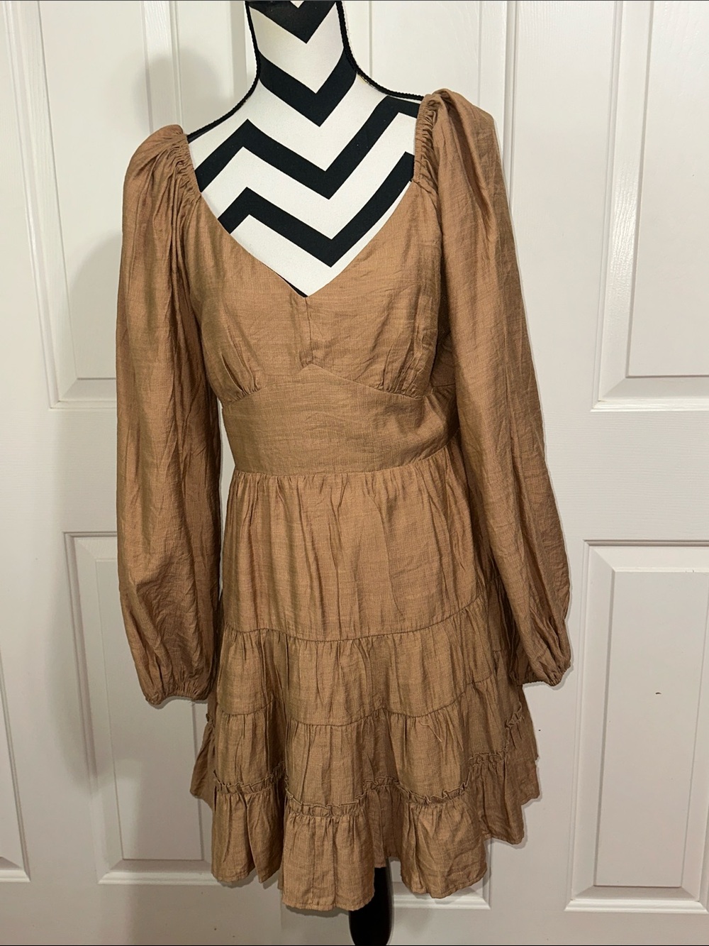 Altar’d State Brown Puff-Sleeve Tiered Mini Dress